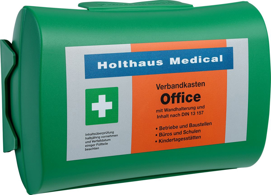 Betriebsverbandkasten nach DIN 13157 Office inkl. Wandhalterung, Holthaus Medical, grün