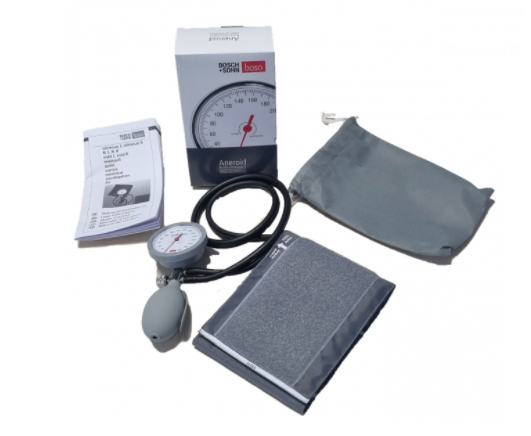 Blutdruckmessgerät boso K II (Ø 60 mm), grau, mit Klettenmanschette und Tasche, medbuy-Logo